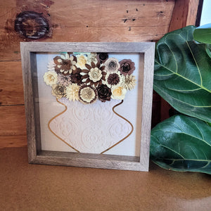 Brown Flower Filled Vase Shadow Box, Handmade Paper Flowers 9x9 Woodgrain Shadow Box, Nursery Powder Room Decor