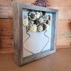 Brown Flower Filled Vase Shadow Box, Handmade Paper Flowers 9x9 Woodgrain Shadow Box, Nursery Powder Room Decor