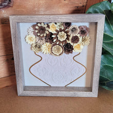 Load image into Gallery viewer, Brown Flower Filled Vase Shadow Box, Handmade Paper Flowers 9x9 Woodgrain Shadow Box, Nursery Powder Room Decor
