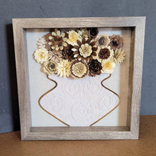 Load image into Gallery viewer, Brown Flower Filled Vase Shadow Box, Handmade Paper Flowers 9x9 Woodgrain Shadow Box, Nursery Powder Room Decor
