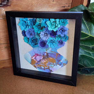 Blue Flower Filled Vase Shadow Box, Handmade Paper Flowers 9x9 Black Shadow Box, Nursery Powder Room Decor, Wall Art