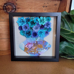 Blue Flower Filled Vase Shadow Box, Handmade Paper Flowers 9x9 Black Shadow Box, Nursery Powder Room Decor, Wall Art