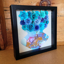 Load image into Gallery viewer, Blue Flower Filled Vase Shadow Box, Handmade Paper Flowers 9x9 Black Shadow Box, Nursery Powder Room Decor, Wall Art
