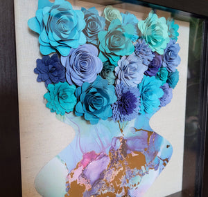 Blue Flower Filled Vase Shadow Box, Handmade Paper Flowers 9x9 Black Shadow Box, Nursery Powder Room Decor, Wall Art