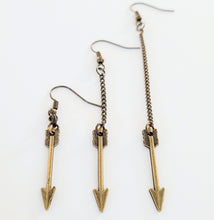 Load image into Gallery viewer, Bronze Arrow Earrings, Your Choice of Three Lengths, Dangle Drop Chain Earrings
