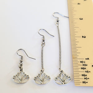 Silver Lotus Earrings, Your Choice of Three Lengths, Dangle Drop Chain Earrings