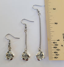 Load image into Gallery viewer, Silver Hibiscus Earrings, Your Choice of Three Lengths, Dangle Drop Chain Earrings
