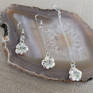 Silver Hibiscus Earrings, Your Choice of Three Lengths, Dangle Drop Chain Earrings