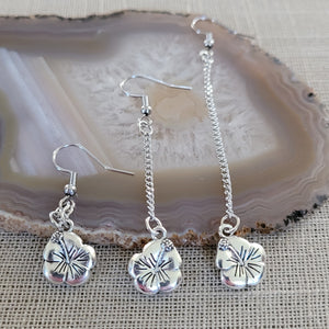Silver Hibiscus Earrings, Your Choice of Three Lengths, Dangle Drop Chain Earrings
