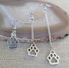 Load image into Gallery viewer, Cat or Dog Paw Earrings, Your Choice of Three Lengths, Dangle Drop Chain Earrings
