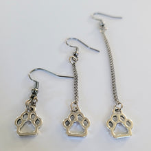 Load image into Gallery viewer, Cat or Dog Paw Earrings, Your Choice of Three Lengths, Dangle Drop Chain Earrings
