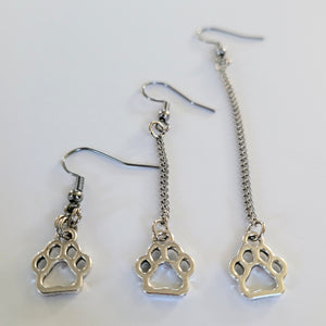 Cat or Dog Paw Earrings, Your Choice of Three Lengths, Dangle Drop Chain Earrings