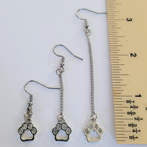 Cat or Dog Paw Earrings, Your Choice of Three Lengths, Dangle Drop Chain Earrings