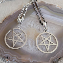 Load image into Gallery viewer, Inverted Pentagram Necklace, Your Choice of Gunmetal or Silver Rolo Chain, Mens Jewelry

