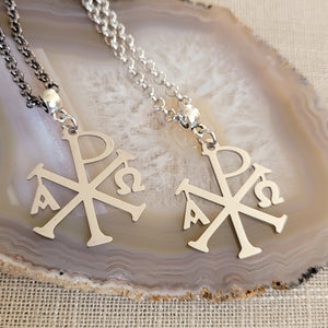 Alpha and Omega Cross Necklace, Your Choice of Gunmetal or Silver Rolo Chain, Chi Rho Constantine Jewelry