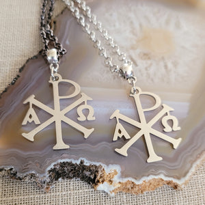 Alpha and Omega Cross Necklace, Your Choice of Gunmetal or Silver Rolo Chain, Chi Rho Constantine Jewelry