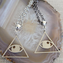 Load image into Gallery viewer, All Seeing Eye Necklace, Your Choice of Gunmetal or Silver Rolo Chain, Pyramid Illuminati Jewelry
