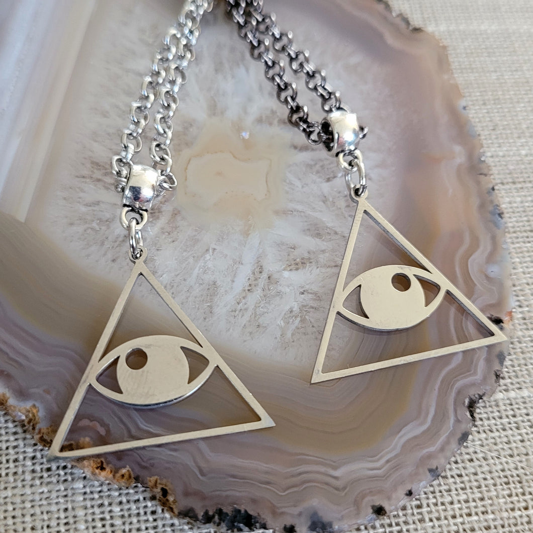 All Seeing Eye Necklace, Your Choice of Gunmetal or Silver Rolo Chain, Pyramid Illuminati Jewelry