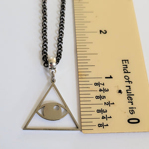 All Seeing Eye Necklace, Your Choice of Gunmetal or Silver Rolo Chain, Pyramid Illuminati Jewelry