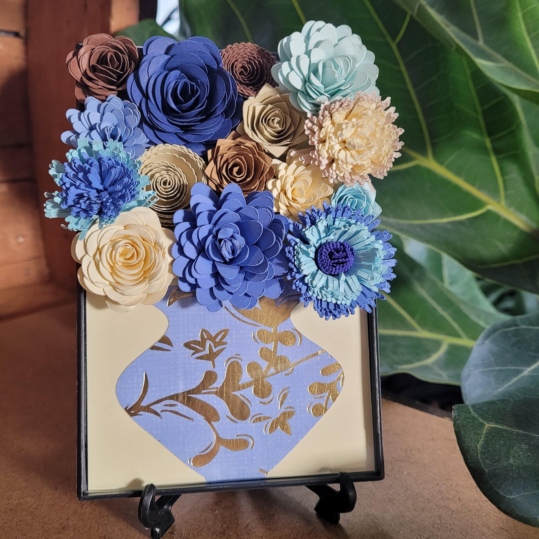 Blue and Gold Flower Filled Vase Frame, Handmade Paper Flowers