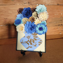 Load image into Gallery viewer, Blue and Gold Flower Filled Vase Frame, Handmade Paper Flowers, 4x6 Black Frame, Nursery Powder Room Decor
