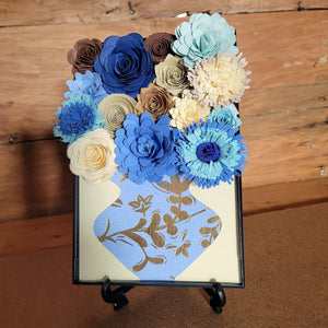 Blue and Gold Flower Filled Vase Frame, Handmade Paper Flowers, 4x6 Black Frame, Nursery Powder Room Decor