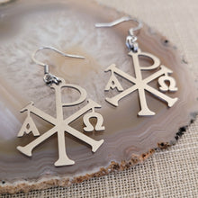 Load image into Gallery viewer, Alpha and Omega Cross Earrings, Chi Rho Constantine Dangle Drop Earrings
