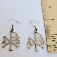Load image into Gallery viewer, Alpha and Omega Cross Earrings, Chi Rho Constantine Dangle Drop Earrings
