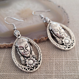 Buddha Earrings, Silver Dangle Drop Earrings, Buddhist Buddhism Jewelry