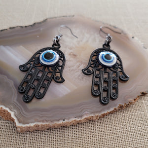 Hamsa Earrings, Hand of Fatima and Evil Eye,  Long Dangle Drop Earrings