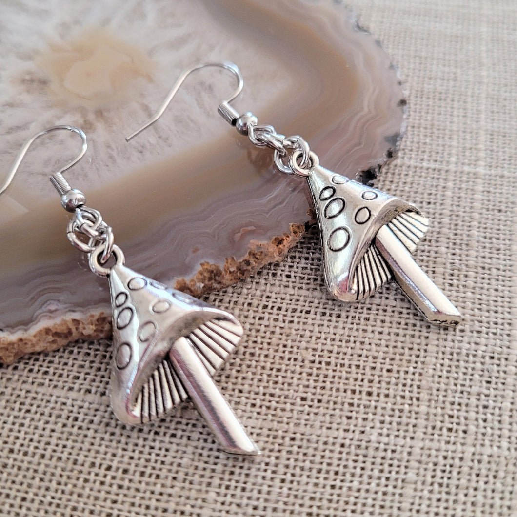 Mushroom Earrings,  Dangle Drop Earrings, Silver Magic Mushroom Jewelry