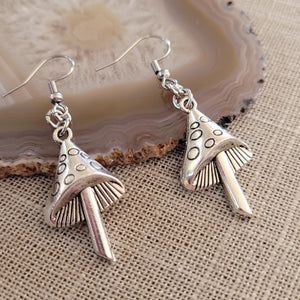 Mushroom Earrings,  Dangle Drop Earrings, Silver Magic Mushroom Jewelry