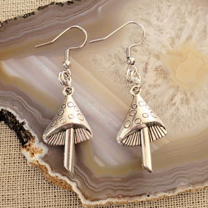 Mushroom Earrings,  Dangle Drop Earrings, Silver Magic Mushroom Jewelry