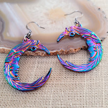 Load image into Gallery viewer, Titanium Iridescent Moon Earrings, Long Dangle Drop Earring, Electroplated Vaporwave Jewelry
