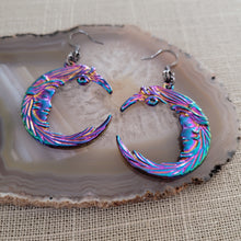 Load image into Gallery viewer, Titanium Iridescent Moon Earrings, Long Dangle Drop Earring, Electroplated Vaporwave Jewelry
