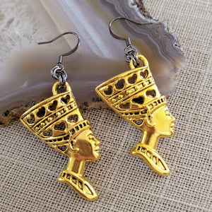 Queen Nefertiti Earrings, Antique Gold Charms with Gunmetal Findings,  Long Dangle Drop Earrings, Egyptian Jewelry