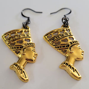 Queen Nefertiti Earrings, Antique Gold Charms with Gunmetal Findings,  Long Dangle Drop Earrings, Egyptian Jewelry