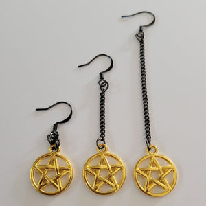 Gold Pentagram Earrings, Long Dangle Chain Earrings in Your Choice of Three Lengths, Gunmetal Thin Chain