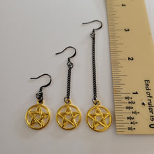 Load image into Gallery viewer, Gold Pentagram Earrings, Long Dangle Chain Earrings in Your Choice of Three Lengths, Gunmetal Thin Chain
