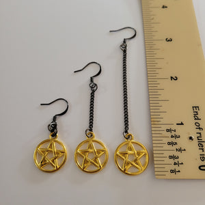 Gold Pentagram Earrings, Long Dangle Chain Earrings in Your Choice of Three Lengths, Gunmetal Thin Chain