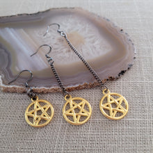 Load image into Gallery viewer, Gold Pentagram Earrings, Long Dangle Chain Earrings in Your Choice of Three Lengths, Gunmetal Thin Chain
