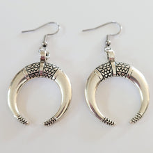 Load image into Gallery viewer, Tribal Horn Earrings,  Silver Dangle Drop Jewelry
