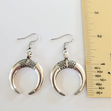 Load image into Gallery viewer, Tribal Horn Earrings,  Silver Dangle Drop Jewelry
