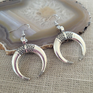 Tribal Horn Earrings,  Silver Dangle Drop Jewelry