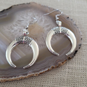 Tribal Horn Earrings,  Silver Dangle Drop Jewelry