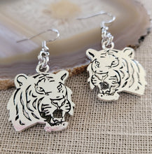 Load image into Gallery viewer, Tiger Earrings,  Silver Dangle Drop Earrings, Cat Lady Jewelry
