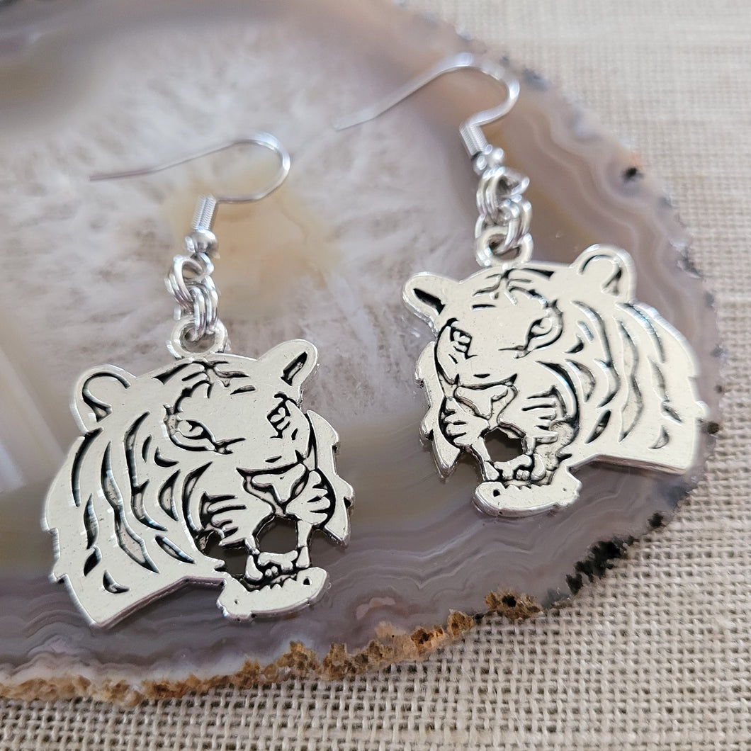 Tiger Earrings,  Silver Dangle Drop Earrings, Cat Lady Jewelry