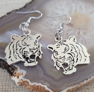 Tiger Earrings,  Silver Dangle Drop Earrings, Cat Lady Jewelry