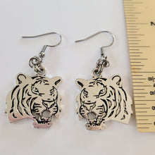 Load image into Gallery viewer, Tiger Earrings,  Silver Dangle Drop Earrings, Cat Lady Jewelry
