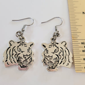 Tiger Earrings,  Silver Dangle Drop Earrings, Cat Lady Jewelry